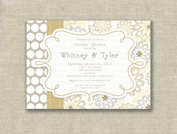 Modern Bridal Couples Shower Invitation Champagne Pewter Winter White Dots Printable by girlsatplay Il_570xn
