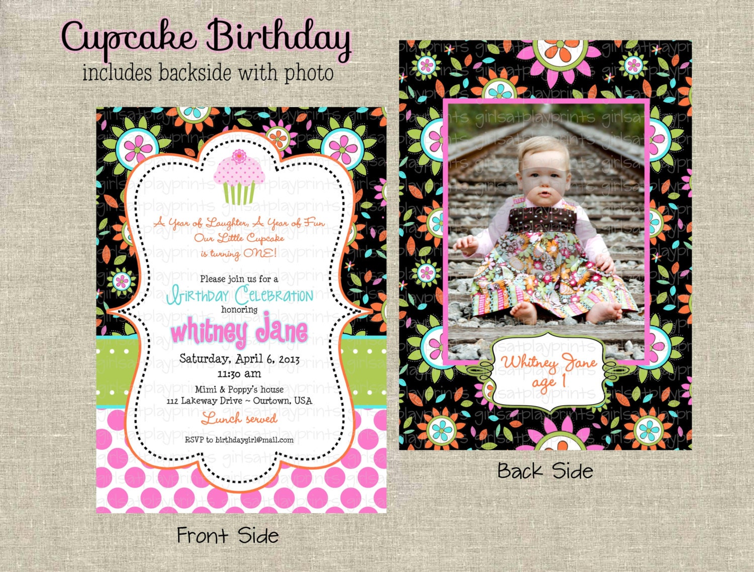 Modern 1st First Birthday Girl Invitation Cupcake Pink Black Photo - Digital - by girls at play girlsatplay Il_570xn