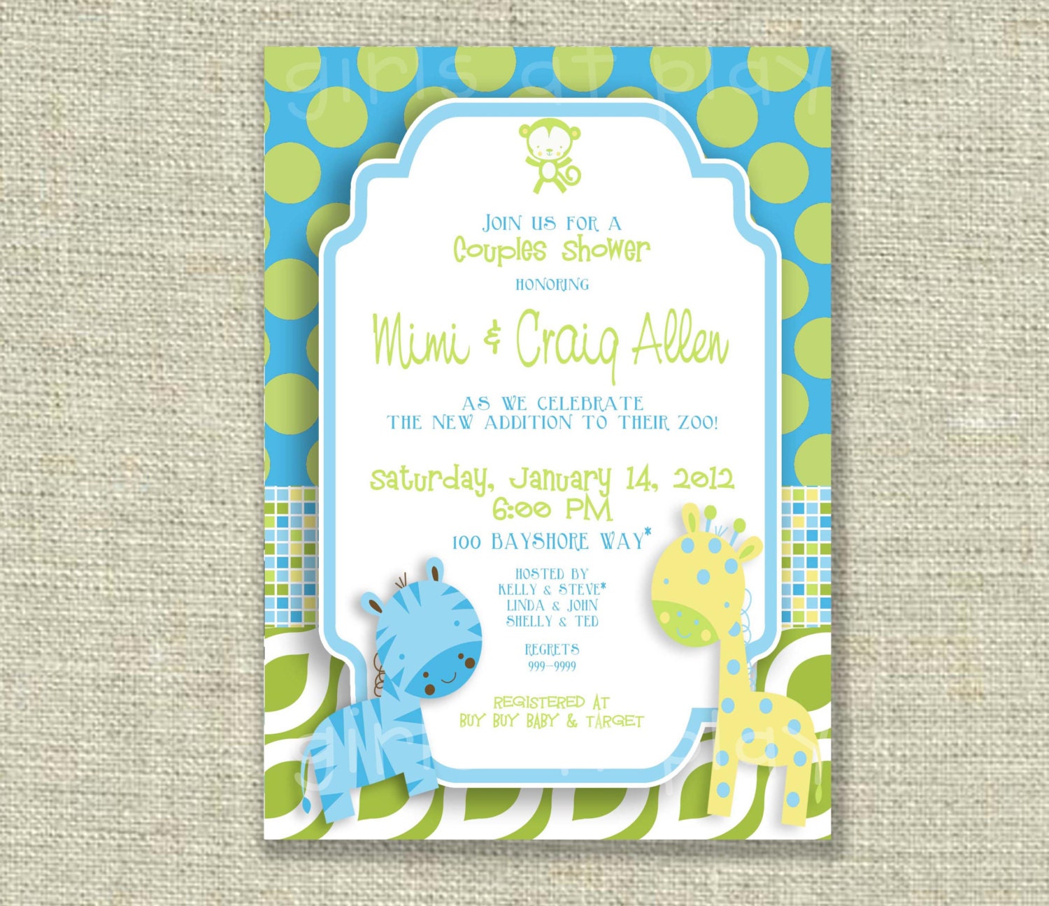 Modern Baby Zoo Shower invitation Blue Green Animal Prints Dots Digital Printable by girlsatplay girls at play Il_570xn