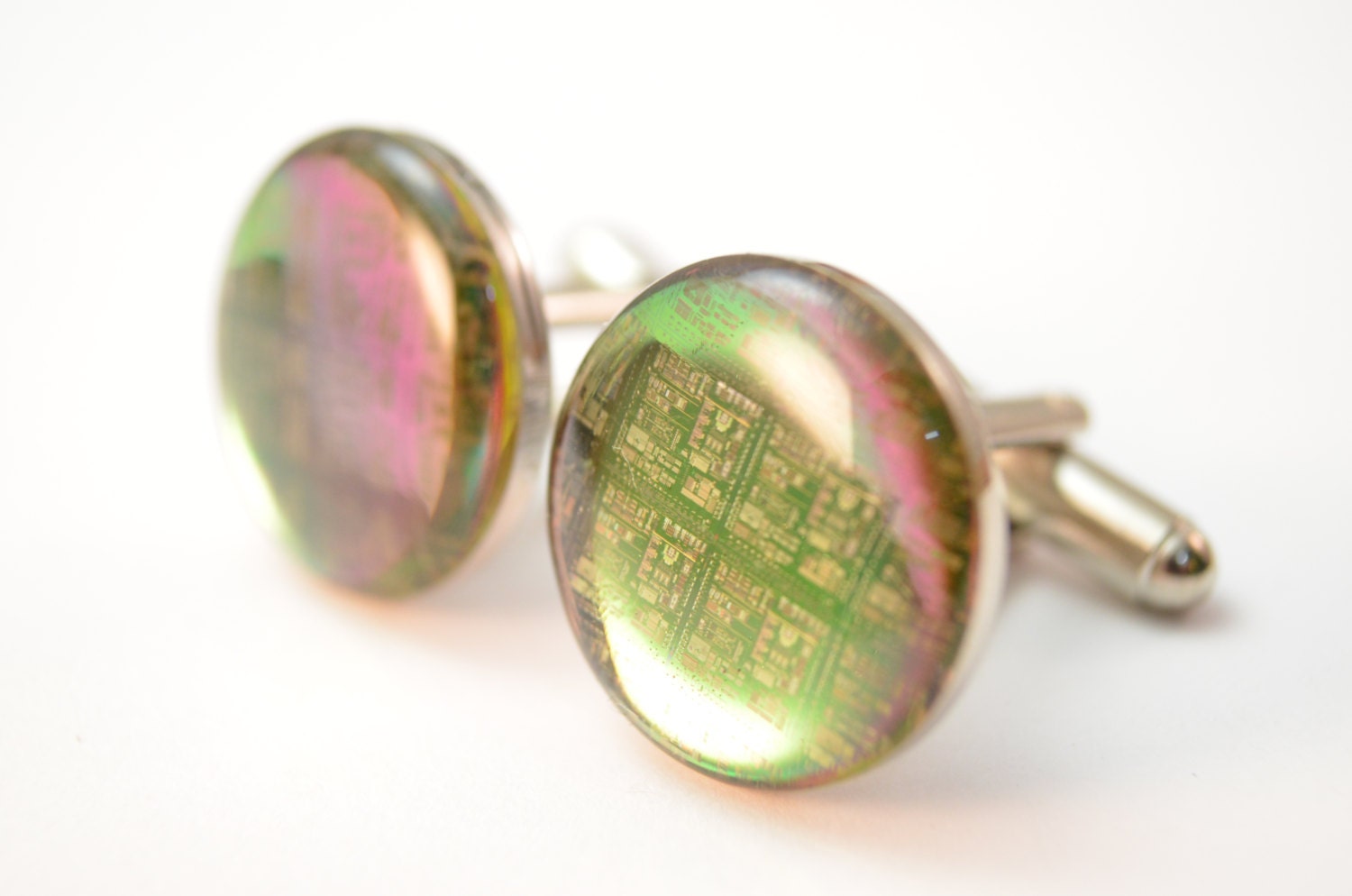 Recycled Silicon Wafer Cufflinks Green Pink Purple Eco Jewelry