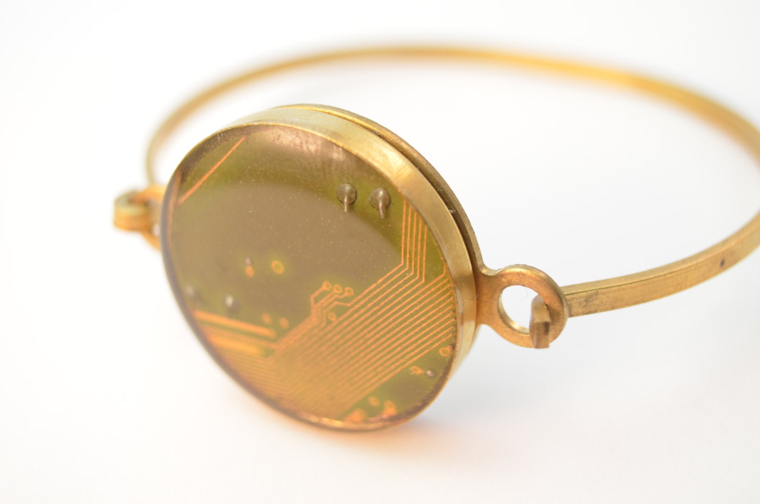 Circuit Board Bracelet Mustard Yellow with Brass Geeky Gift