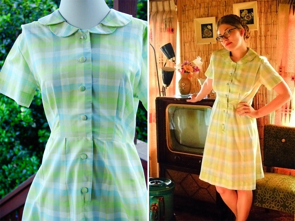 Miss POLLY 1960's 50's Vintage Light Blue and Green Plaid Dress by PENNETTE size Small Medium
