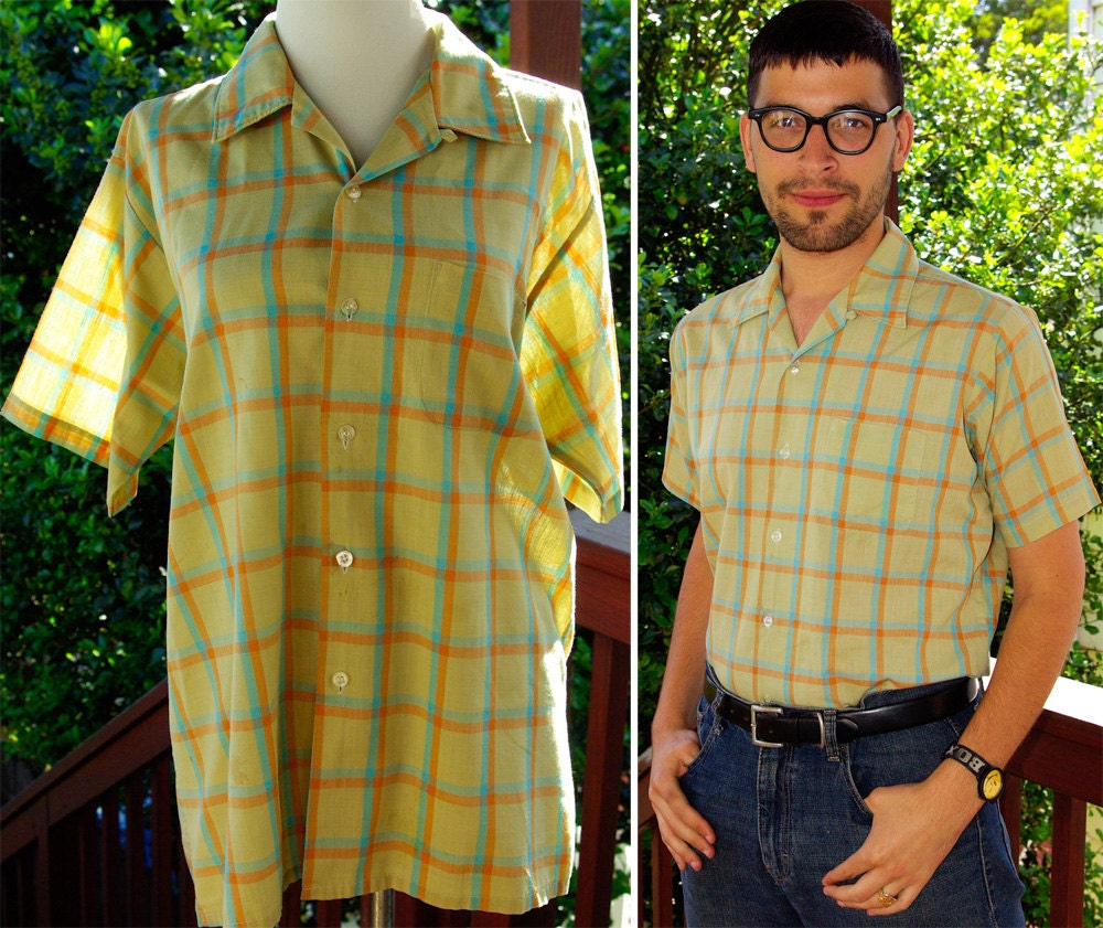 Light OLIVE 1960's Vintage Green Blue & Orange Plaid Button Down Shirt by The RIVIERA size Large