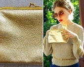 SHIMMER 1960's Vintage Small Shiny Gold Vinyl Clutch Frame Purse Handbag