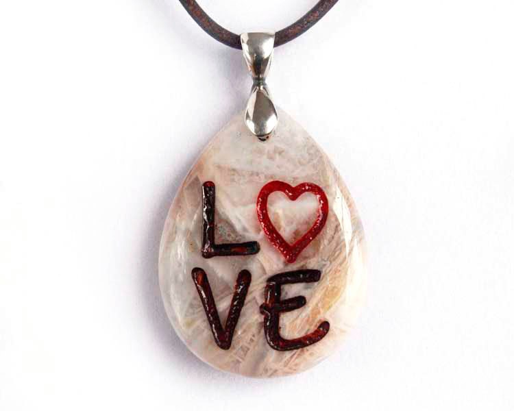Love Heart Pendant - Bamboo Leaf Agate - Engraved Stone Pendant