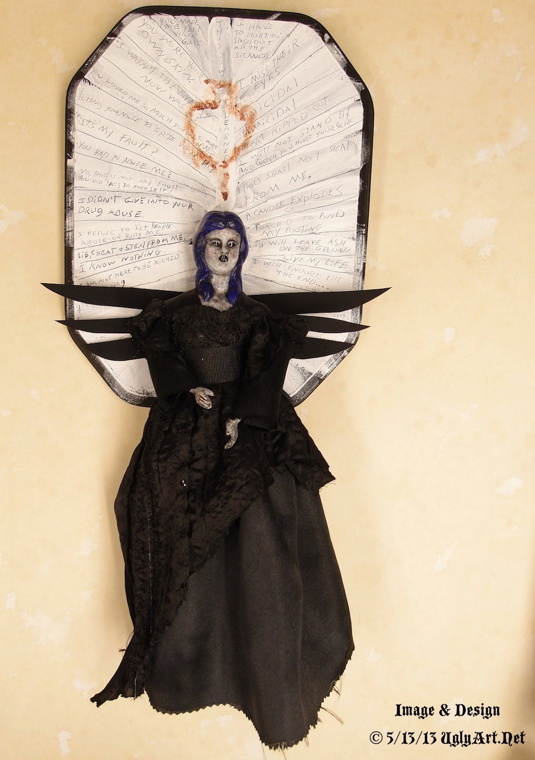 ON HOLD for AME  Custom Listing Orphan Angel Dark Doll Assemblage Wall Hanging by Ugly Shyla