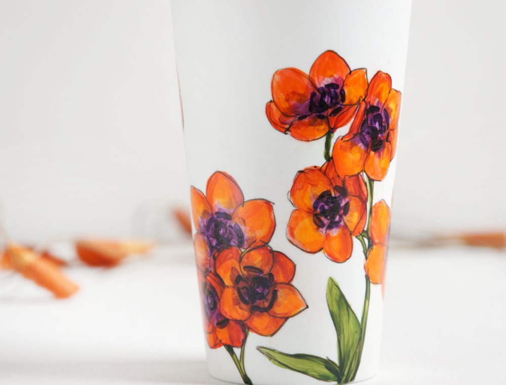 White Ceramic Travel Mug Double Walled Porcelain with Lid - Exotic Sparaxis elegans