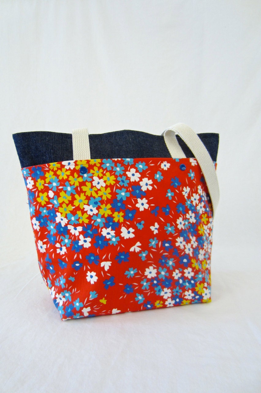 Spring Floral and Dark Denim Pocket Tote Bag