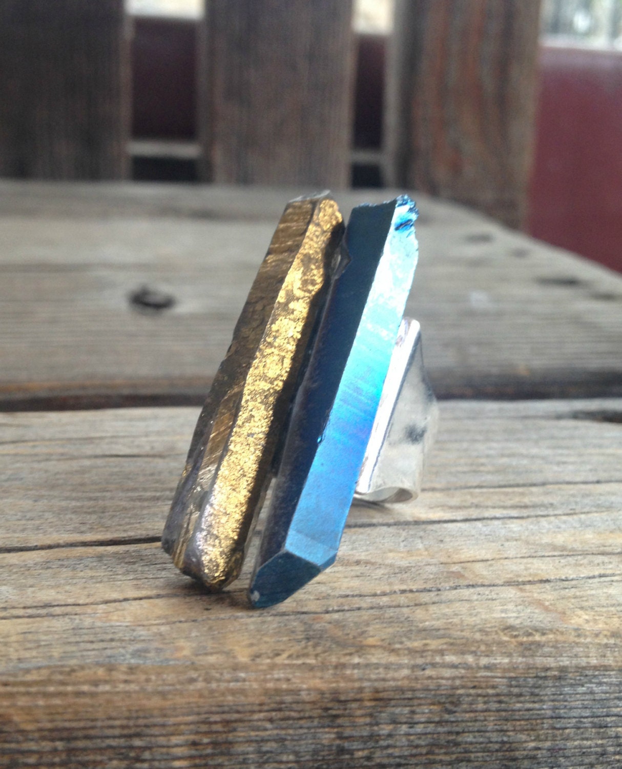 Bohemian Crystal Ring - Gold and Iridescent Blue Titanium Quartz Adjustable Anti Tarnish Silver Ring