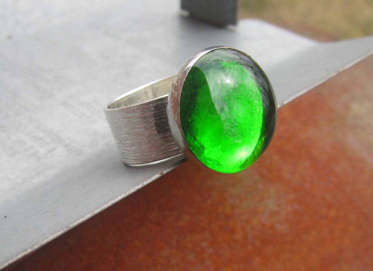 Emerald Green Glass Cocktail Statement Ring on Adjustable Wide Band