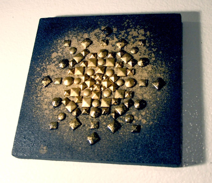 Black & Gold Geometric Studded Abstract Art - Pyramid Studs in Stretched Canvas - 8 x 8 Inches Ready To Hang