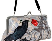 The Raven. Printed Edgar Allan Poe LARGE clutch/shoulder bag in dupion and printed satin (lighter version). Unique, designed by Baba Studio.