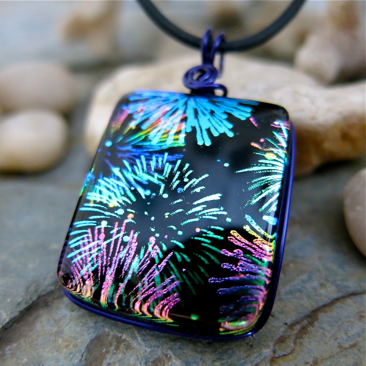 Rainbow Fireworks Dichroic Pendant Fused Glass Purple Wire Wrapped