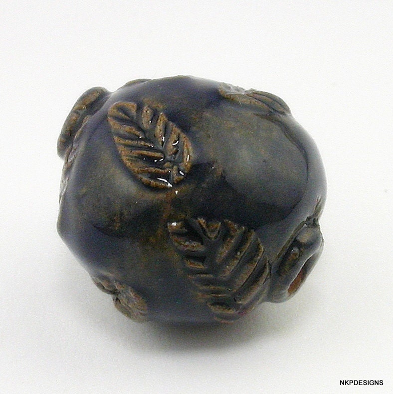 Midnight Blue Stoneware Leaf Sprig Big Hole Ceramic Bead with Endcaps