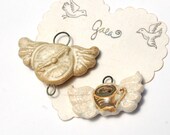RESERVED for the lovely mauvesheep / Coffee Time / Ceramic Winged Coffee Cup and Clock Pendants