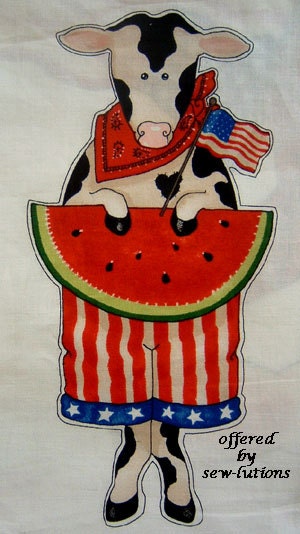 PATRIOTIC COW - Daisy Kingdom Fourth of July Red White & Moo Watermelon Bandana DK Fabric Panel