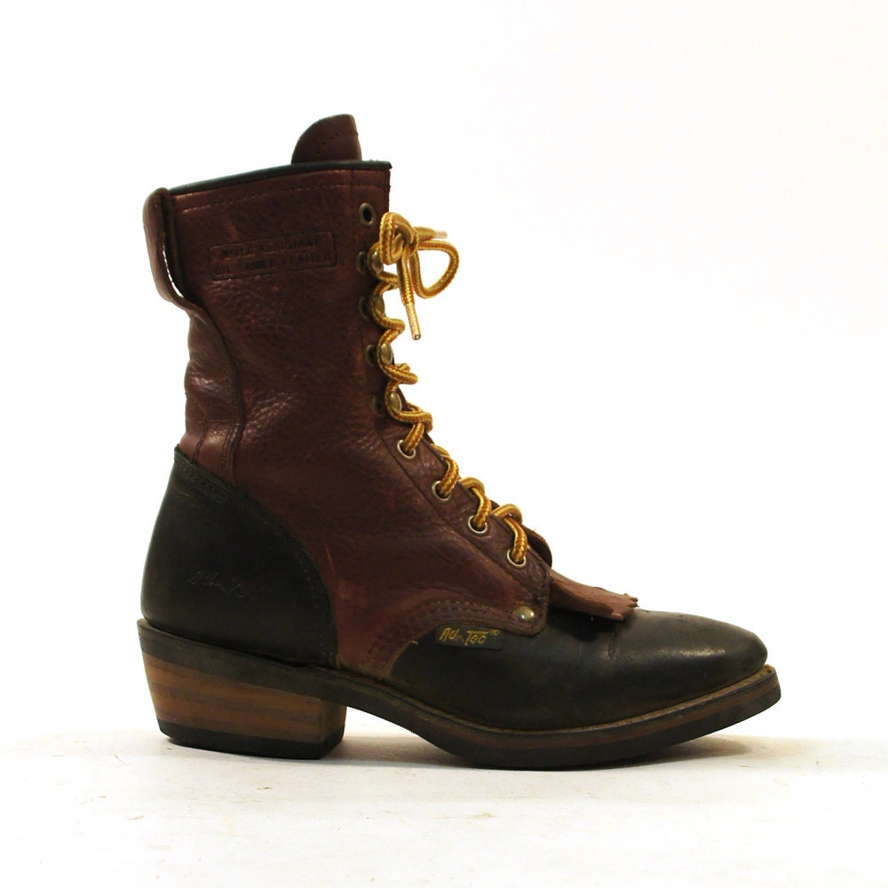 Two Tone Lace Up Ankle / Roper / Packer Boots with Fringe Toe / Women's 8
