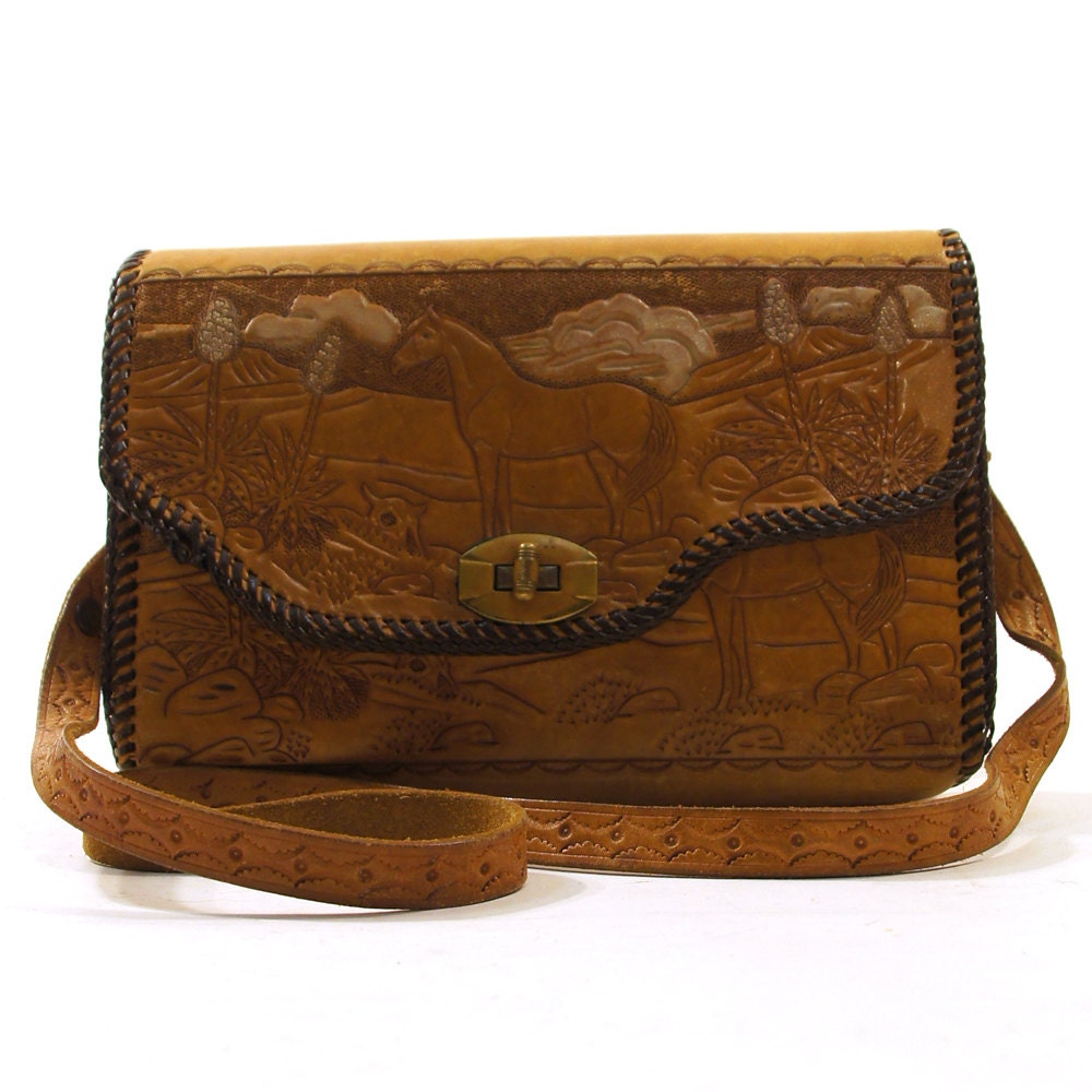 60s / 70s Tooled Leather Purse with Horse in Desert Scene