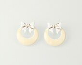 Bow Circle Bridal Cream White Enamel Earrings