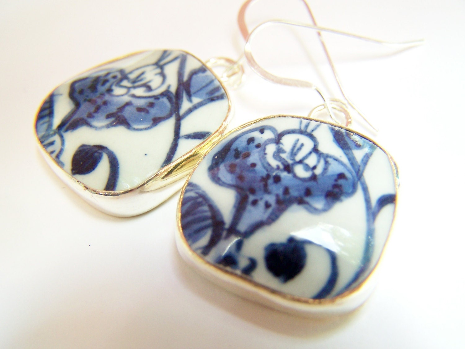 Ming Style Porcelain, Blue & White China Pottery Shard Earrings, OOAK Drops on Sterling Silver Fishhooks, Blue and White Earrings - Blues