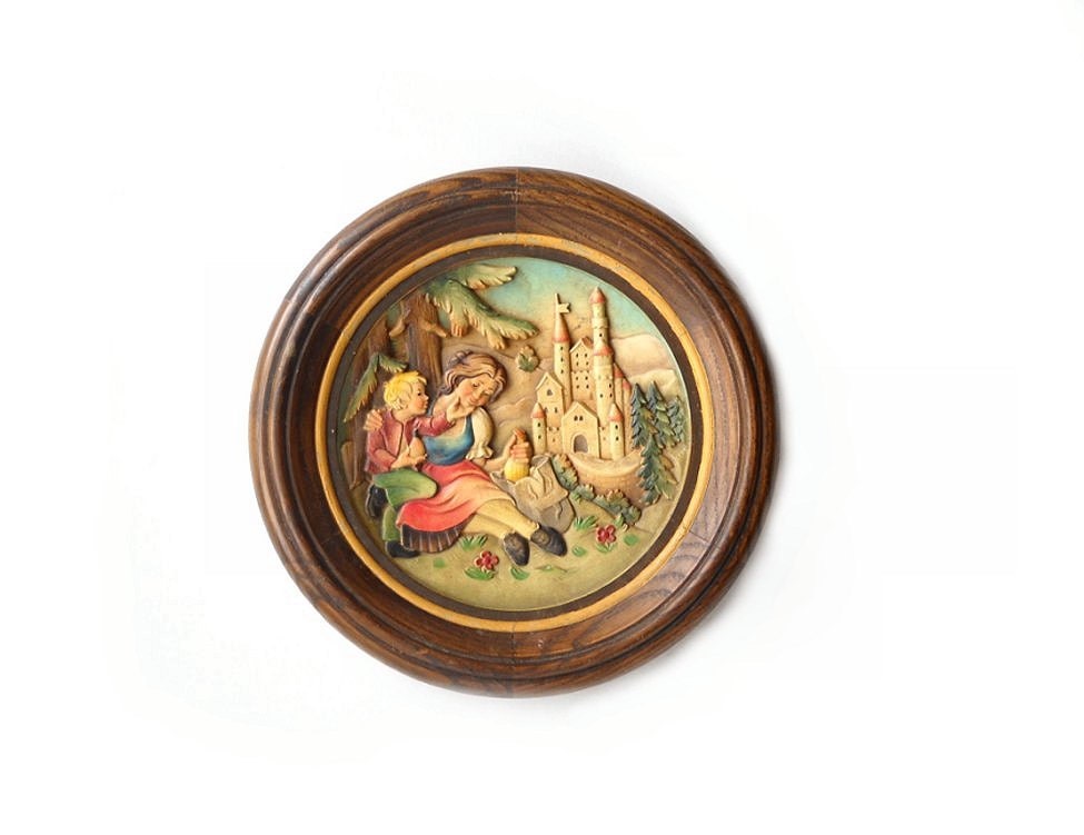 Anri Mothers Day Carved Plaque Wood Plate Mother Son 1974
