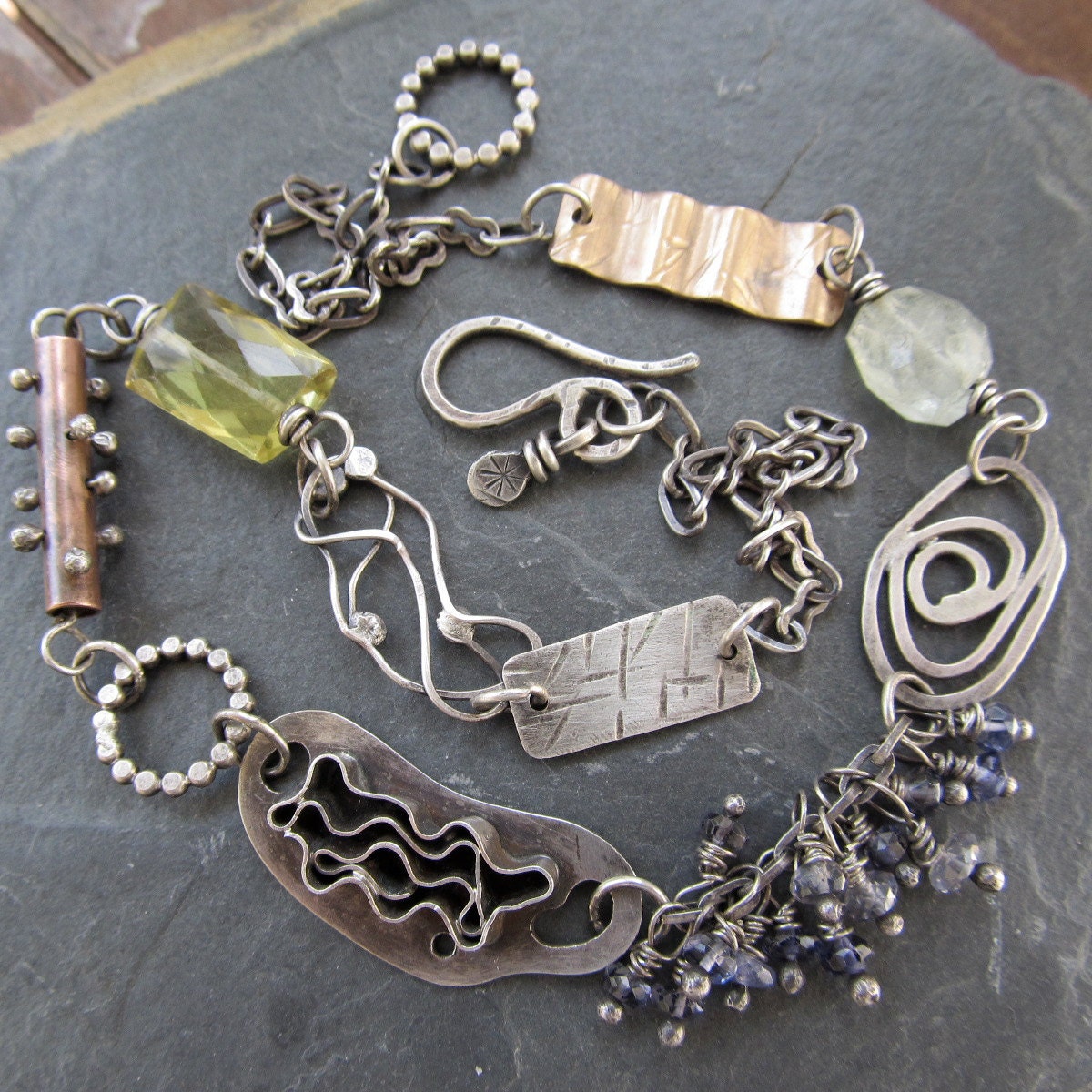 Sterling silver Charm NECKLACE Mixed Metals Wire Wrapped Gemstone beach inspired sea summer