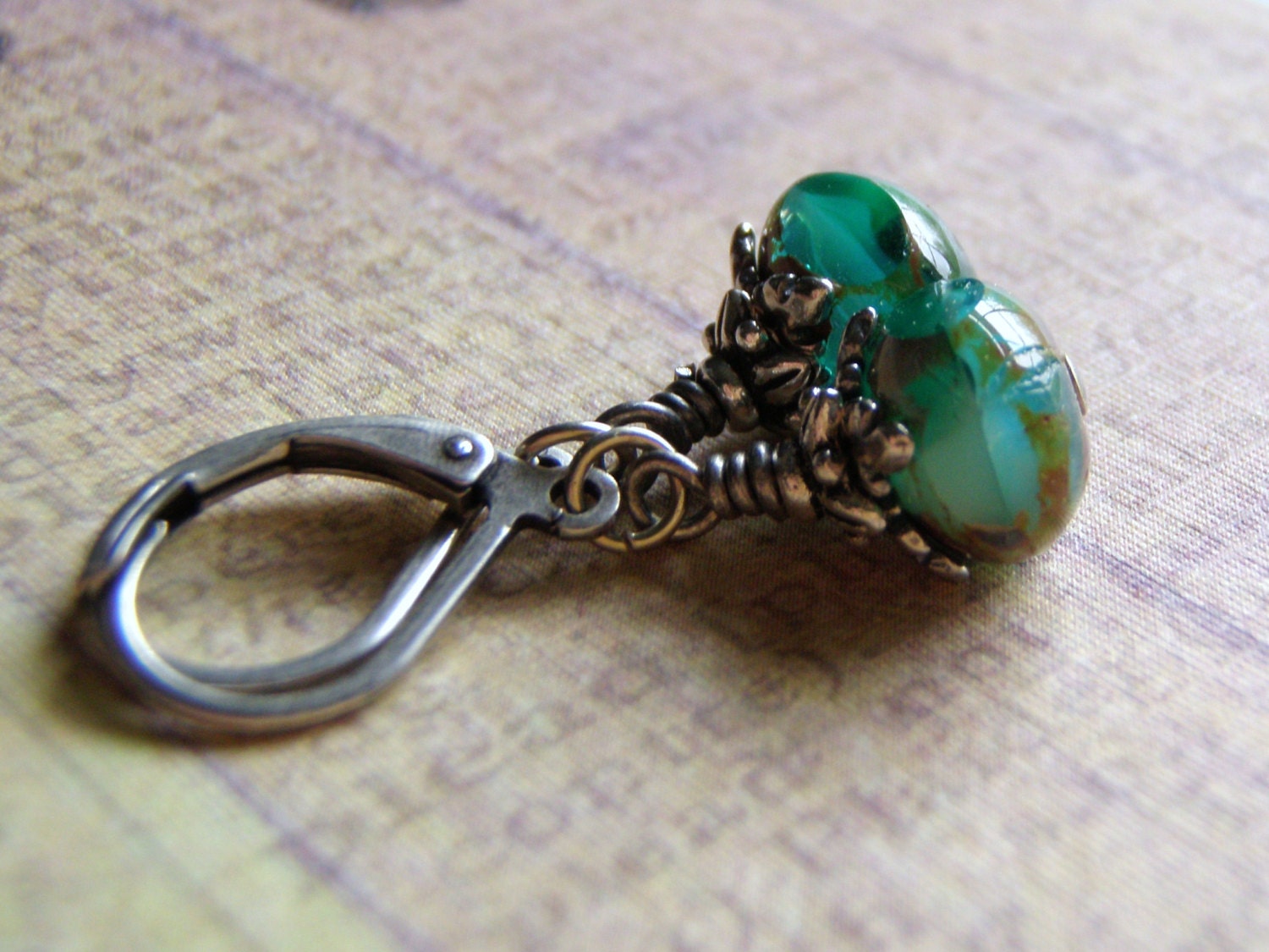 Aqua Earrings Czech Glass  Antique Silver lever Back Ear Wire Four Way Cut