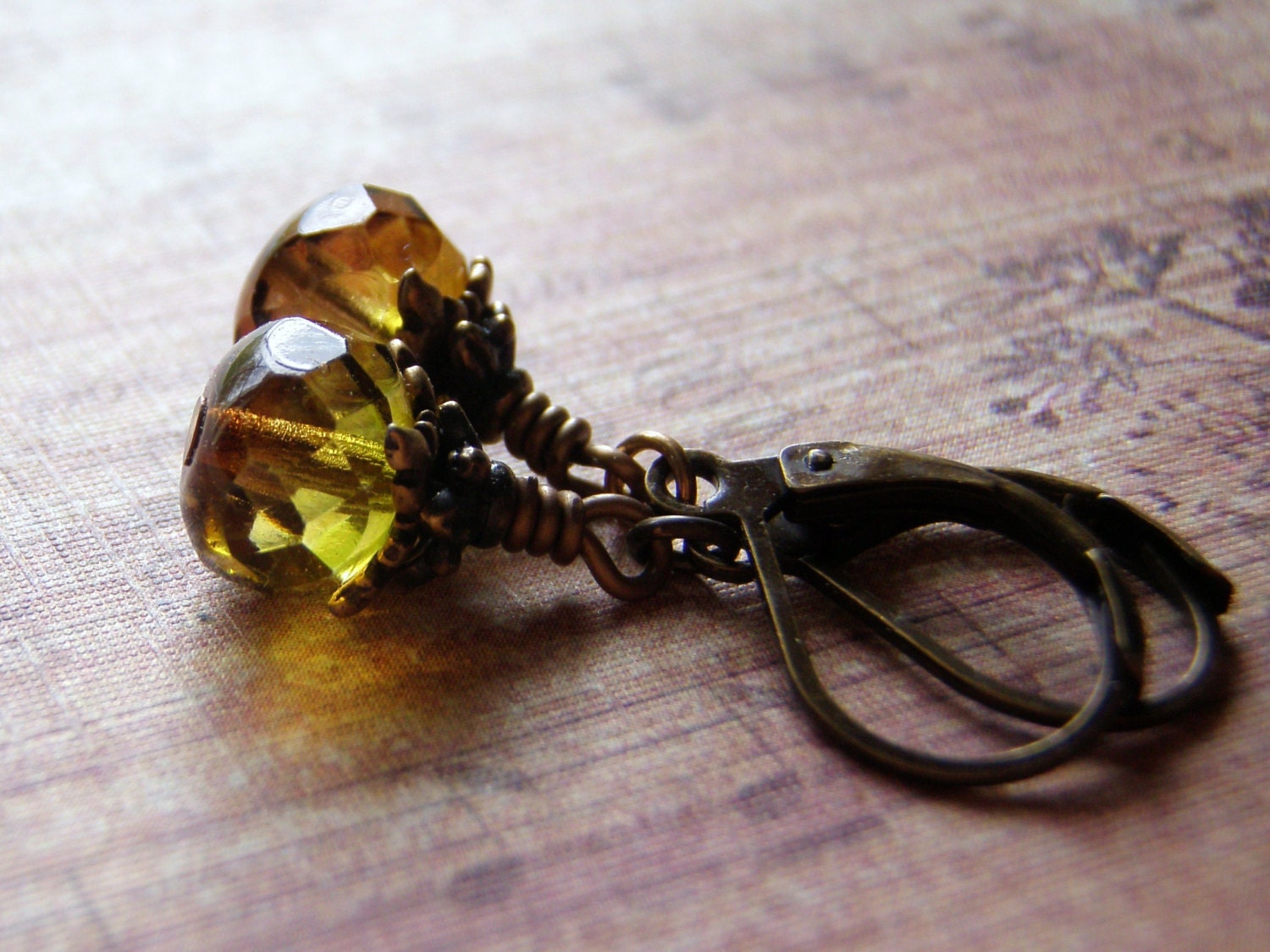 Topaz and Green Green Earrings, Antique Brass, Lever Back Ear Wire