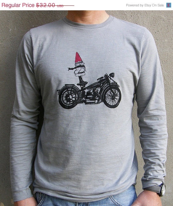 ON SALE Biker Gnome Men's Long Sleeve Graphic Tee- Soft Cotton-Hand Screen Printed -Grey- Gift for Men
