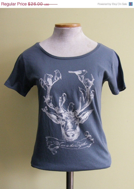ON SALE Deer & Birds Womens Tee-Hand Printed Organic Cotton-Ocean Blue