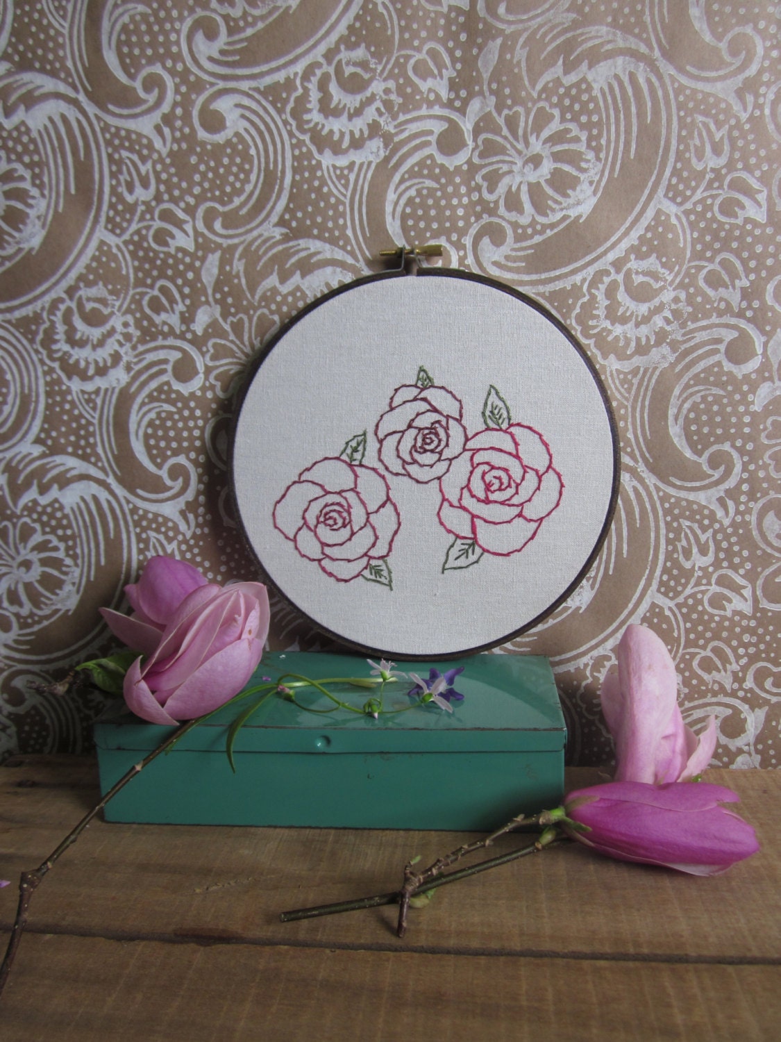 roses - hand embroidery framed in the hoop: one of a kind mothers day gift
