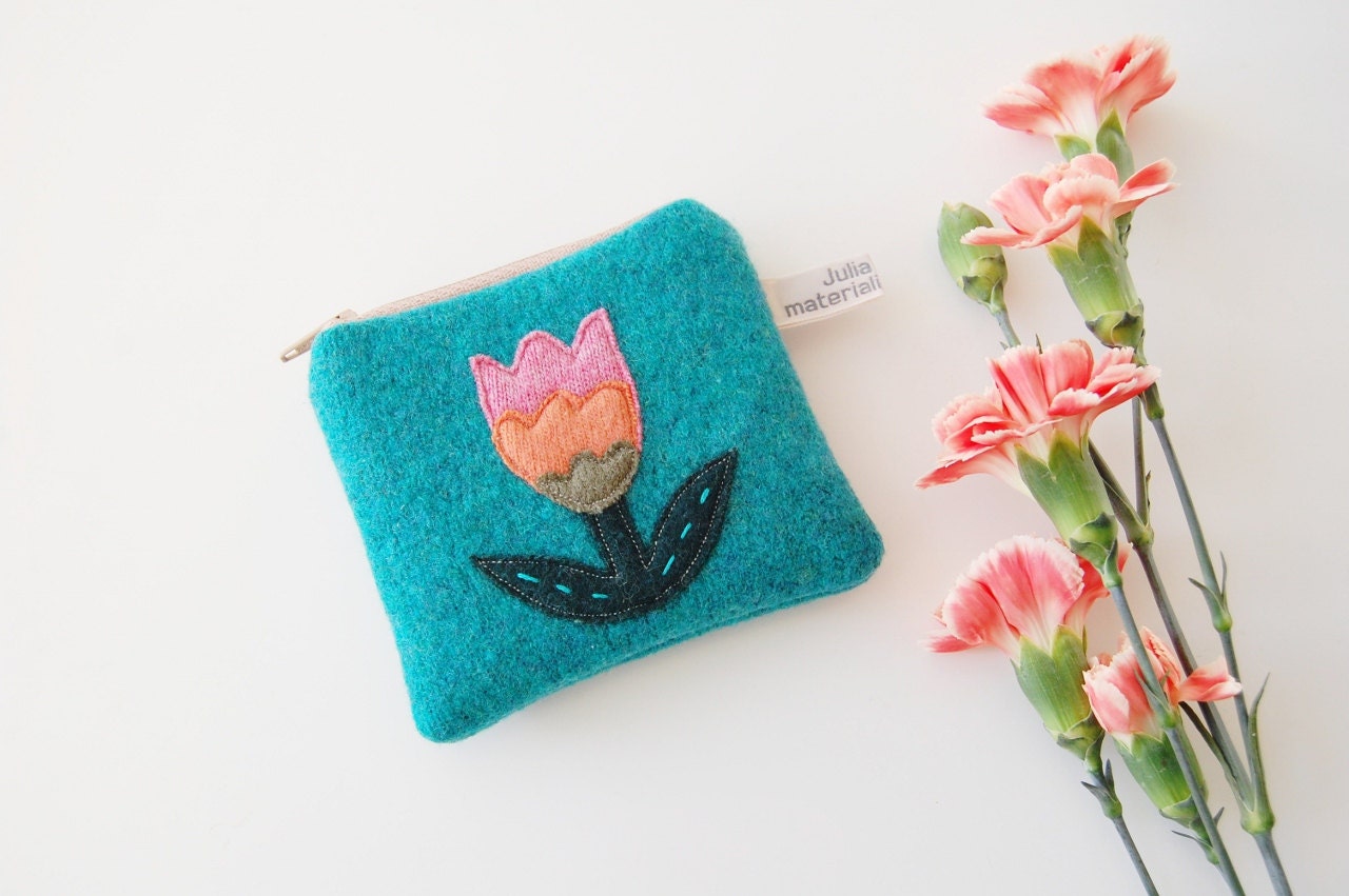 Jade green wool Coin Purse -  folk art tulip flower