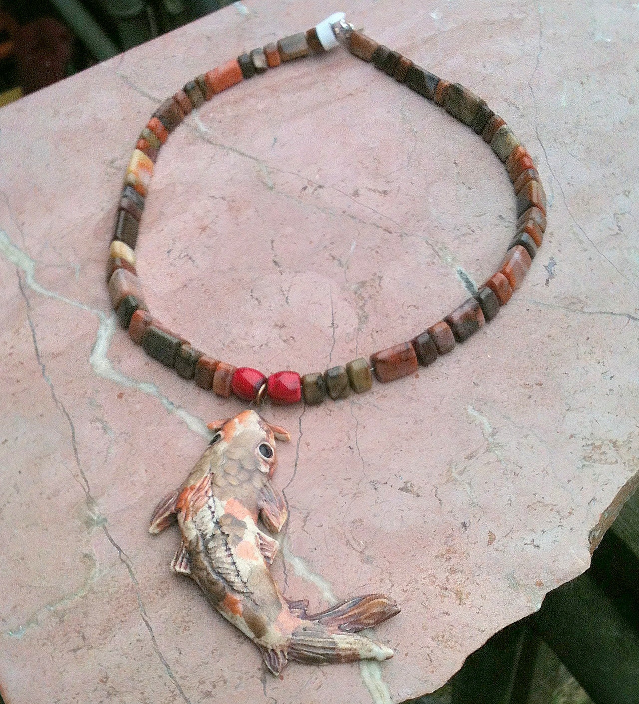 Gorgeous ceramic koi choker with lots of jasper CGGE