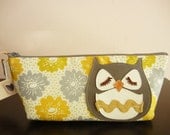Chewy the Owl Grey Olive Green Grey Floral Dots Cotton Canvas Case with Vinyl Applique