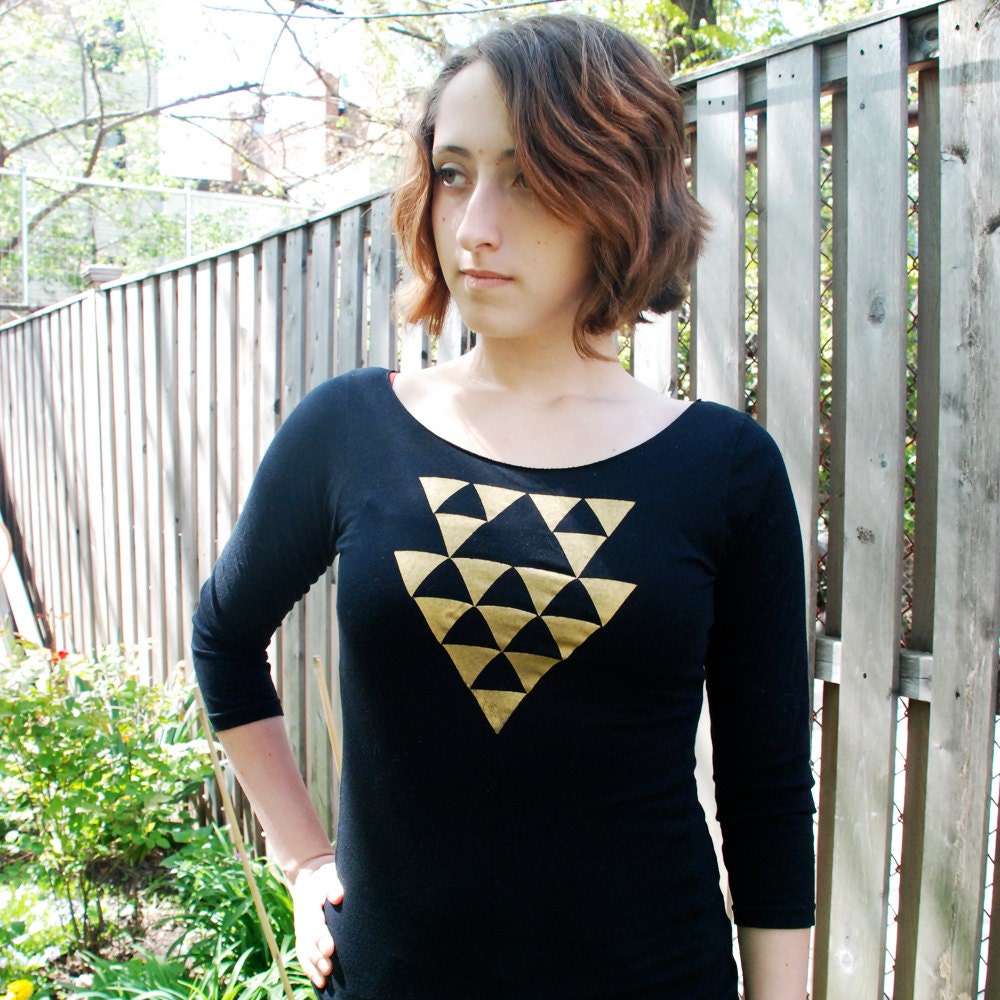 Silkscreen womens tshirt, black 3/4 sleeve, metallic gold triangles design, S-XL, womans top, womens graphic tee