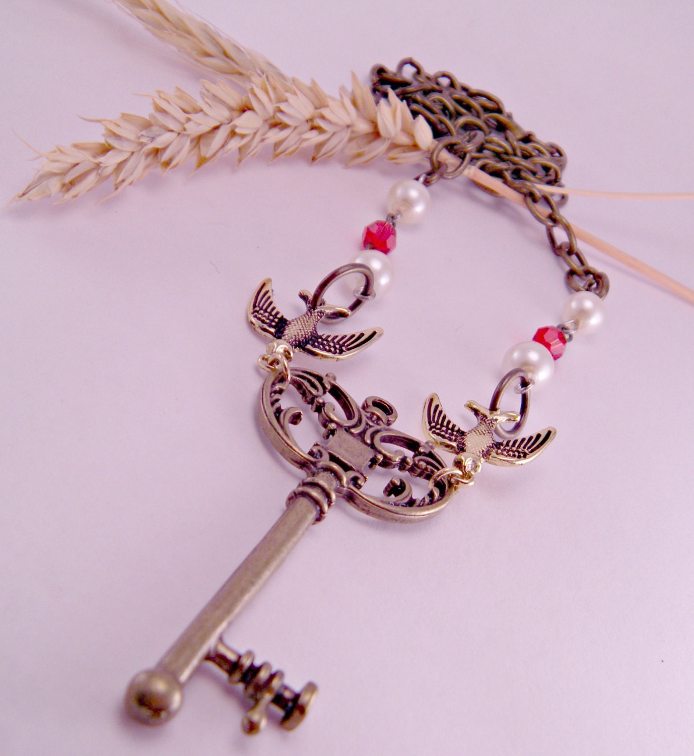 Steampunk Scroll Skeleton Key with Swallow on 18 inch Chain with Pearls