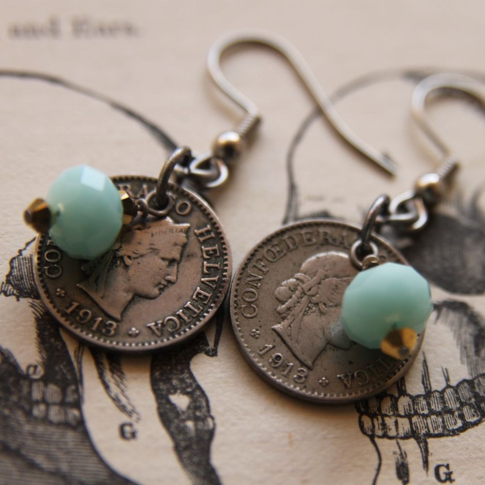 Century Earrings with Antique Swiss Coins and Swarovski Crystals