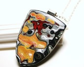 Detroit Fordite Necklace ... Recycled Vintage Auto Paint ... Red Orange Yellow Sunset Large Drop Sparkle Medallion on Sterling Silver