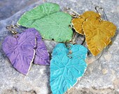 Colored Brass Leaf Earrings - You Choose Patina color Turquoise, Green, Purple or Mustard Yellow - 14K Gold Filled Earwires Woodland Forest