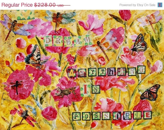 yellow Floral Mixed Media Canvas ART Painting 18x24", pink flowers, dragonflies, butterflies, bright yellow teen girl home decor,