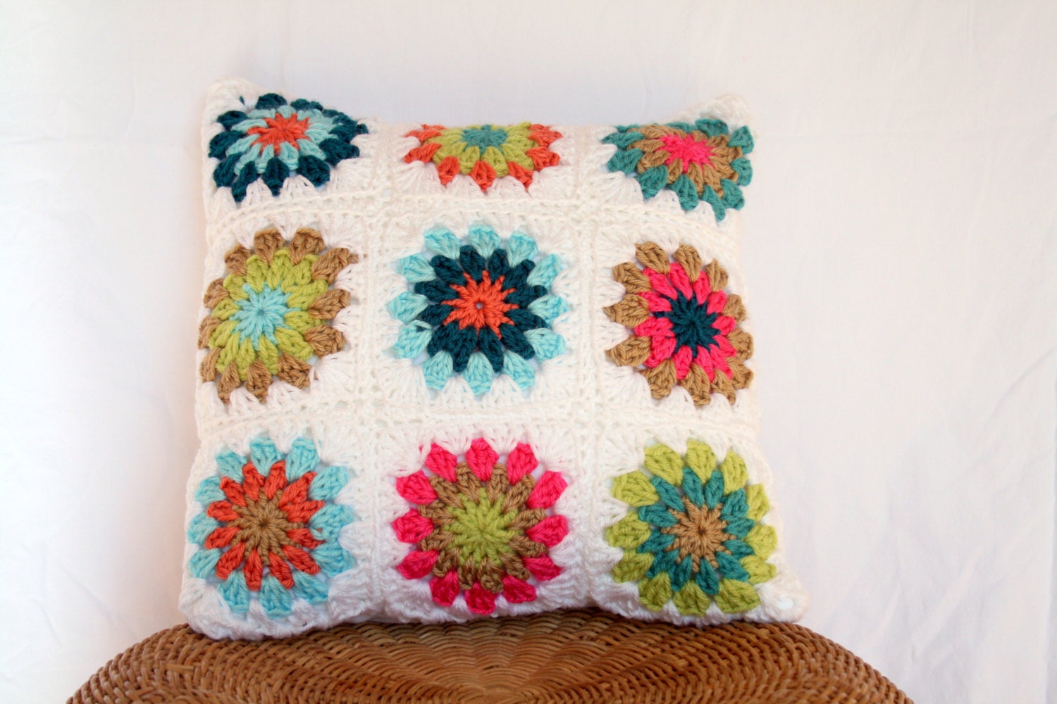Granny Square Decorative Pillow in Aqua, Pink, Coral, White