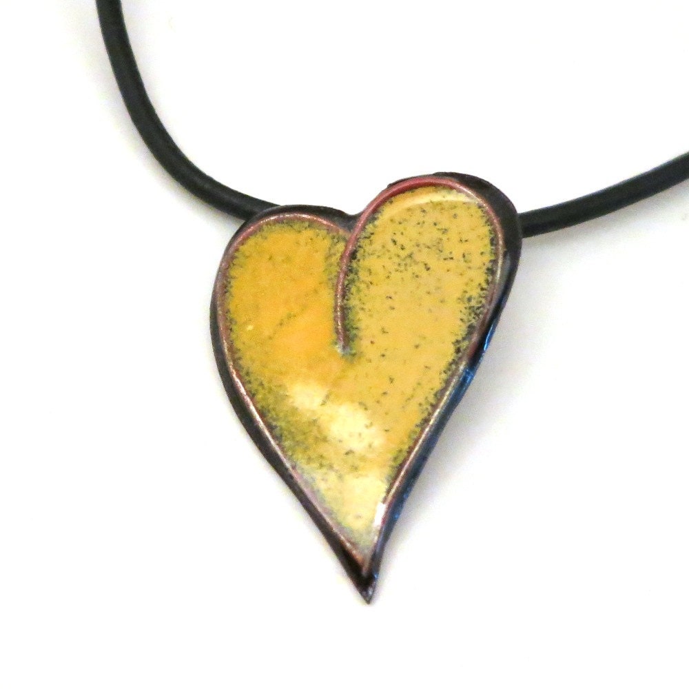 Enamel Pendant, Enamel Necklace, Yellow Heart - Enamel on Copper