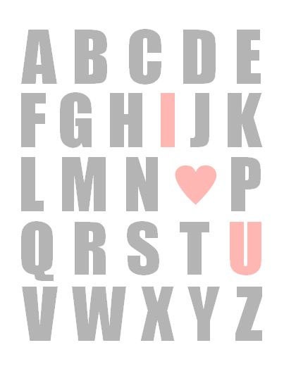 Nursery Art Print, Alphabet With I Heart U - ANY COLOR SCHEME - or Aqua and Gray 11 x 14
