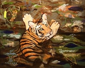 Tiger in the water original painting endangered blue fur worry