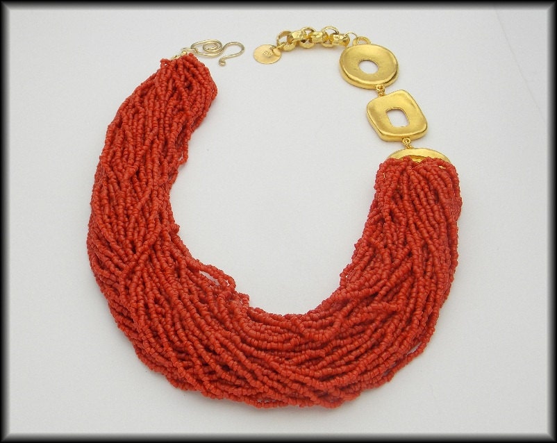 OOH LA LA - 60 Strand Vintage Red Coral - Vintage Focals - Asymmetrical Necklace