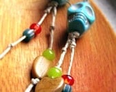 Turquoise Howlite Skull and Hearts Beaded Hemp Earrings - Dangly