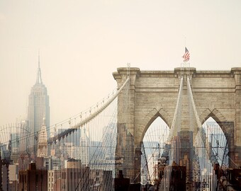 New York Photography, Brooklyn Bridge and Empire State Building, 8x10 New York Art Print, Manhattan, Pastel, Pink - Dreams of Cities