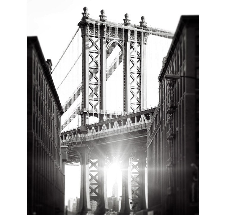 Sun City - New York Photography, Black and White, Monochrome, Manhattan Bridge, Sun Rays, Brooklyn, Empire State