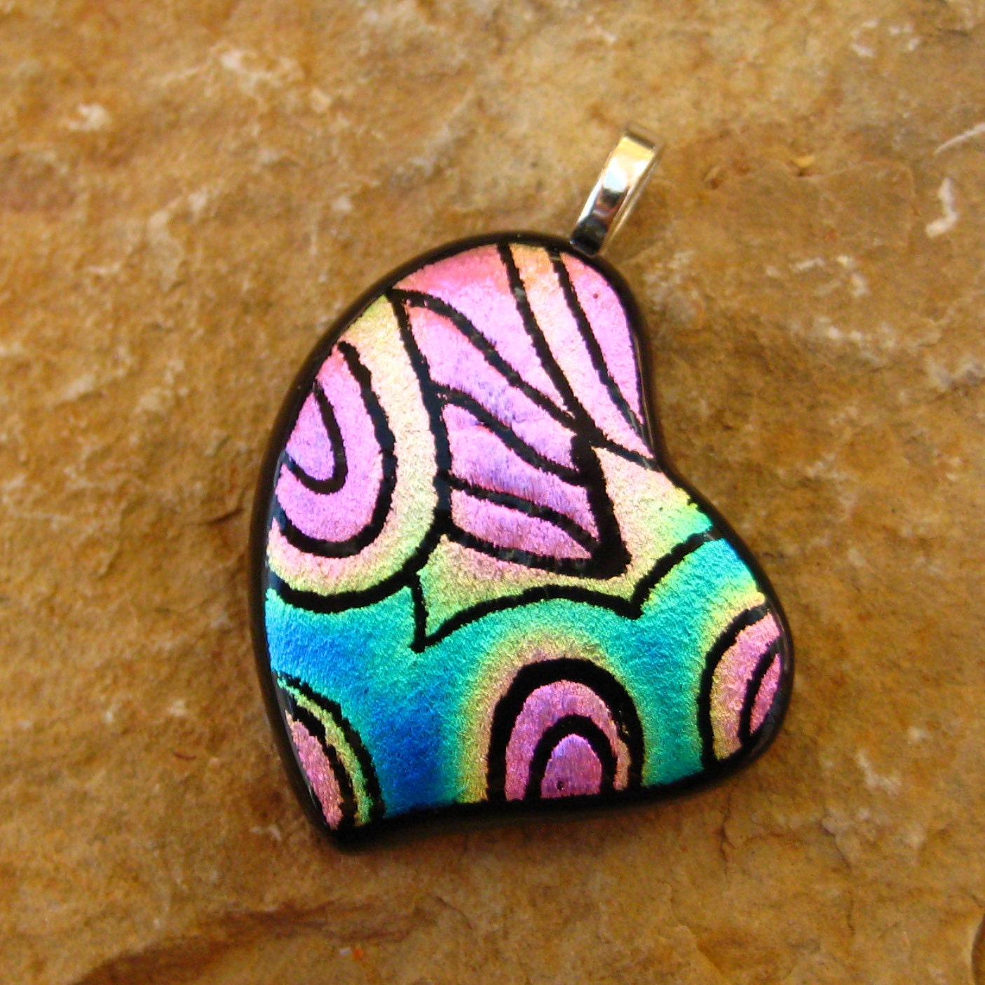 Valentine Jewlery, Fused Glass Heart Pendant, Dichroic Fused Glass Hand Etched  Pendant,   - My Heart has Wings