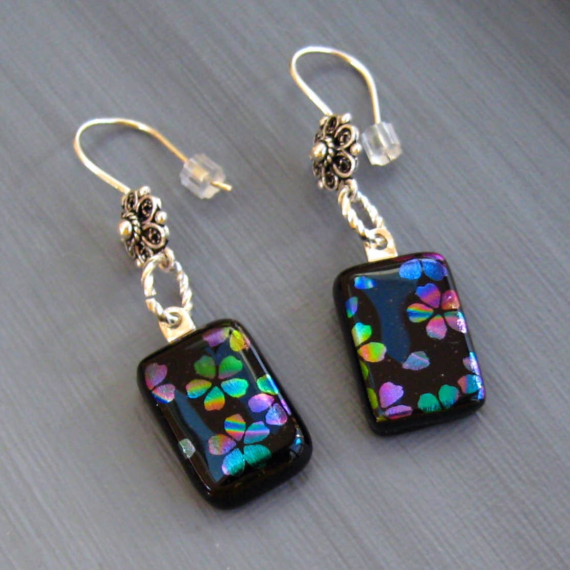 Dichroic Fused Glass Earrings, Rainbow Cherry Blossom Earrings, Rainbow Flowers, Cherry Blossom Earrings